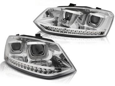 Scheinwerfer U-Tube Tagfahrlicht Optik für VW Polo 6R Chrom dynamischem Blinker